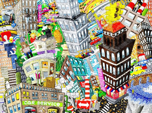 Граффити Город Иллюстрация Большого Коллажа Домами Машинами Людьми — стоковое фото