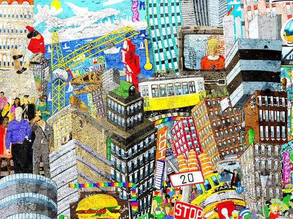 Graffiti City Illustration Ett Stort Collage Med Hus Bilar Och Stockfoto