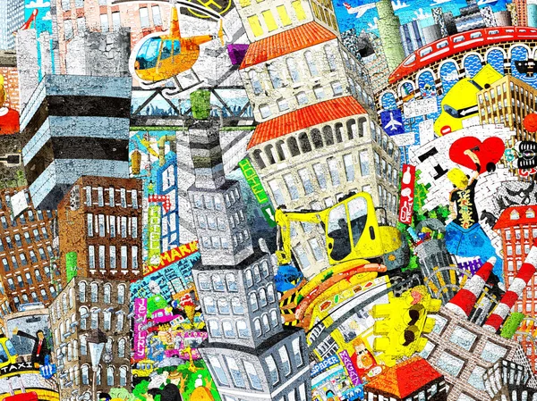 Graffiti City Illustration Ett Stort Collage Med Hus Bilar Och Royaltyfria Stockbilder
