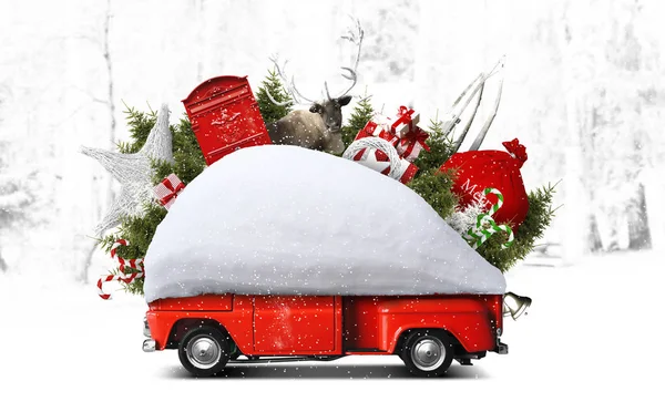 Santa Claus Christmas Car Gifts Christmas Trees — Stock Photo, Image