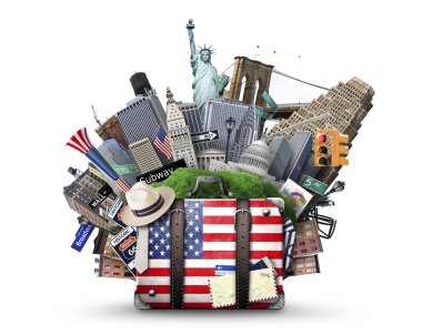 Arka planda Amerikan bayrağı olan çanta.