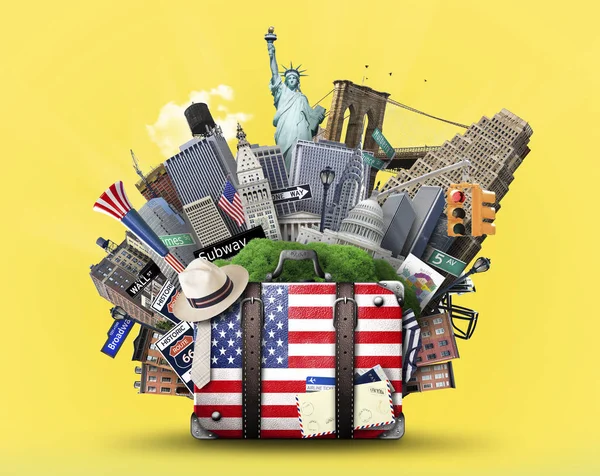 Suitcase American Flag Background Usa Landmarks — Stock Photo, Image