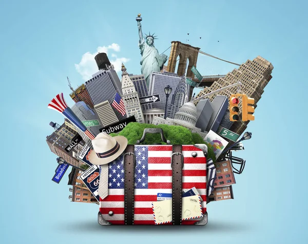 Suitcase American Flag Background Usa Landmarks — Stock Photo, Image