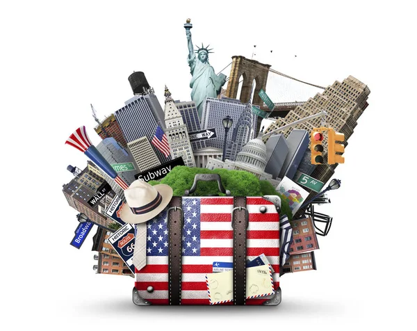 Koffer Mit Amerikanischer Flagge Auf Dem Hintergrund Der Wahrzeichen Der — Stockfoto