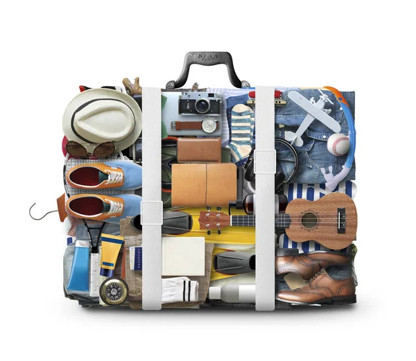 Utazó Bőrönd Amely Nyaraláshoz Szükséges Tárgyakból Ruházatból Áll Utazási Koncepció — Stock Fotó