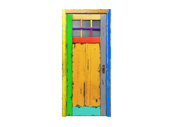Beyaz Arkaplanda Tavan Arası Tarzında Renkli Meşe Kapısı — Stok fotoğraf