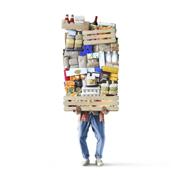 Hombre Sostiene Una Caja Con Una Enorme Pila Comida — Foto de Stock