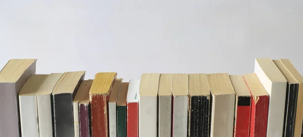 Books in soft cover and stand in a row on the shelf