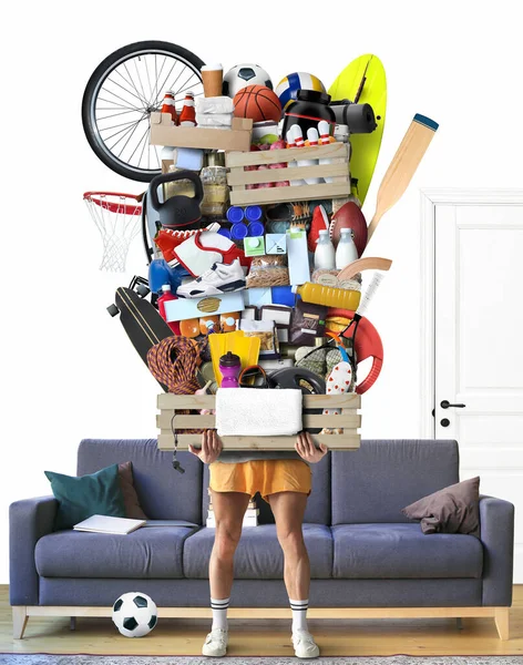 Healthy Lifestyle Concept Man Holds Box Vegetarian Products Sports Equipment — Stock Photo, Image