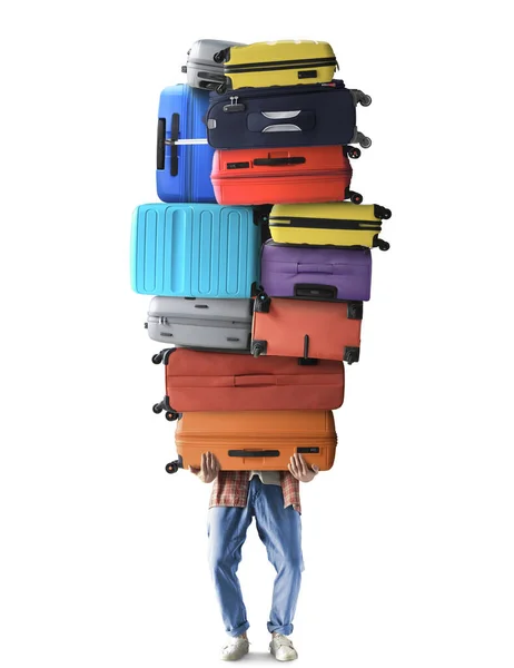 Ein Tourist Hält Einen Riesigen Stapel Koffer Ein Touristisches Konzept — Stockfoto