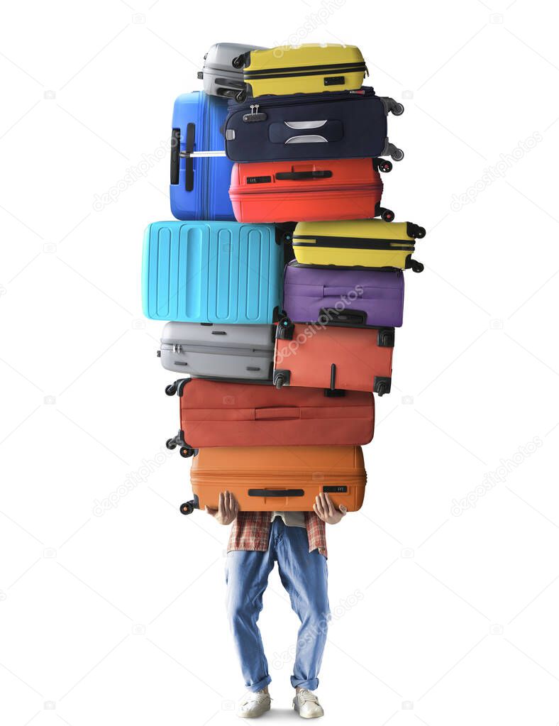 A tourist holds a huge pile of suitcases, a tourist concept