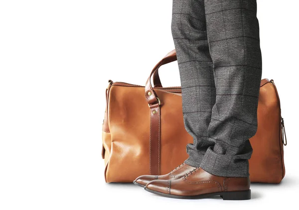Man Holding Large Brown Leather Bag — Stock Photo, Image