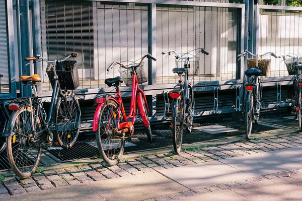 Много Винтажных Велосипедов Парковка Улице — стоковое фото