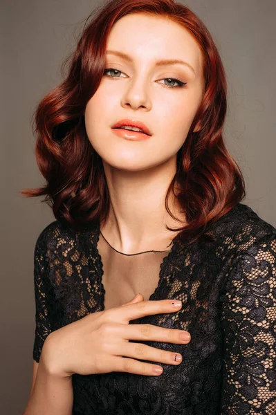Studio Portrait Young Beautiful Ginger Woman Black Lace Blouse Grey — Stock Photo, Image