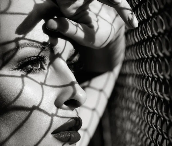 close up fashion woman model portrait black and white, shadows f