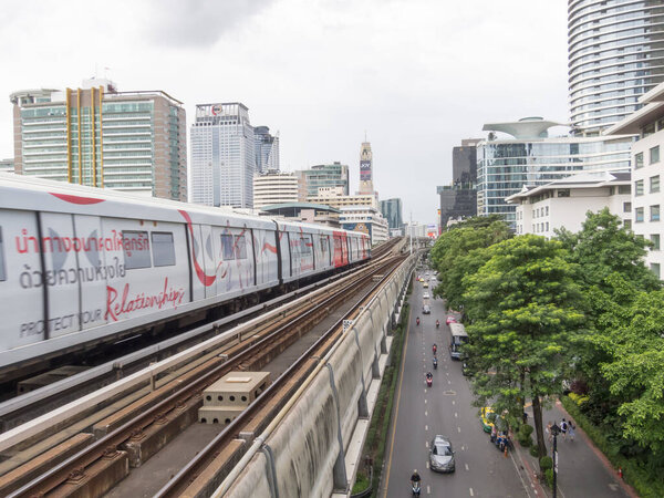 BTS Ratchadamri Station BANGKOK,THAILAND-17 AUGUST 2018: The train is heading towards the station. on,17 AUGUST 2018, in Thailand