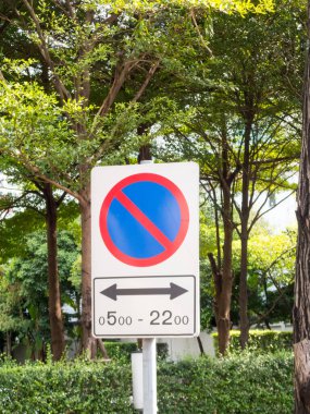 Yeşil ağaç arka planında park etmeyi yasaklayan işaretler.