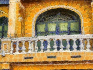 Antik binanın balkonu Illustrations, empresyonist bir resim tarzı yaratıyor..