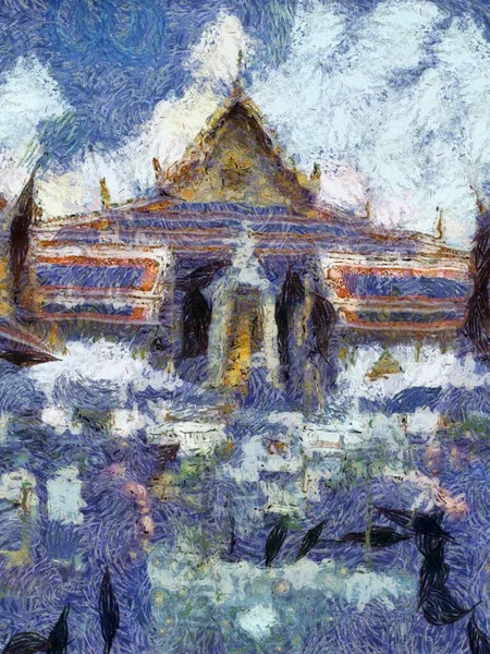 Turista Csoportok Utazó Grand Palace Bangkok Illusztrációk Létrehoz Egy Impresszionista — Stock Fotó