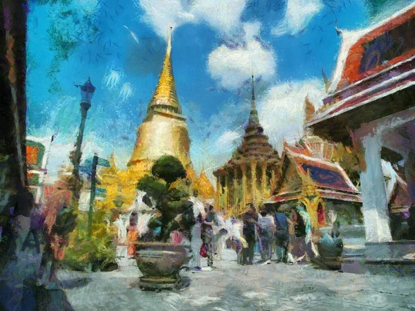 Turistgrupper Som Reser Grand Palace Bangkok Illustrationer Skapar Impressionistisk Stil — Stockfoto