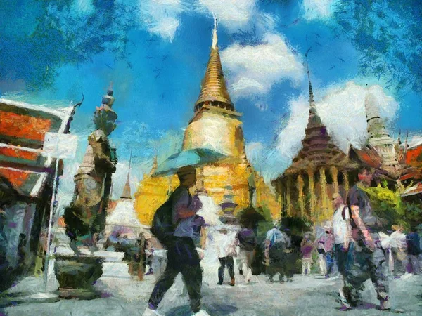 Touristengruppen Auf Reisen Grand Palace Bangkok Illustrations Schafft Einen Impressionistischen — Stockfoto