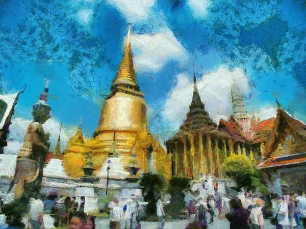 Groupes Touristiques Voyageant Grand Palais Bangkok Illustrations Crée Style Impressionniste — Photo