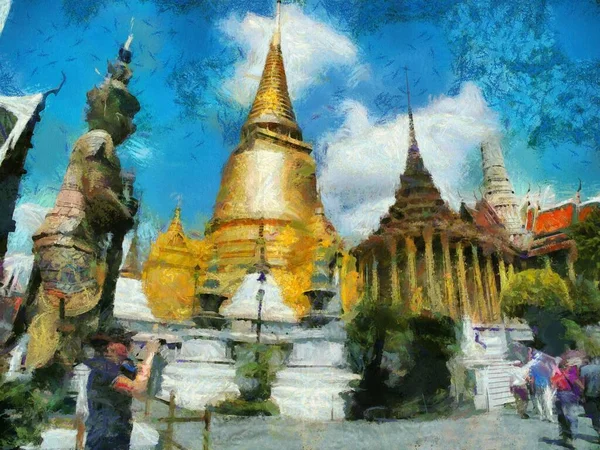 Grupy Turystyczne Podróżujące Grand Palace Bangkok Illustrations Tworzy Impresjonistyczny Styl — Zdjęcie stockowe