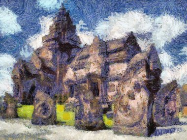 Antik taş şatolara dekore edilmiş heykeller İllüstrasyonlar empresyonist bir resim tarzı yaratıyor..