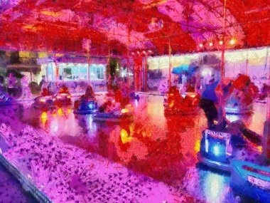 Lunaparktaki araba parkında resim çizmek empresyonist bir tarz yaratıyor..