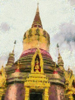 Antik Tayland mimarisi Illustrasyonları empresyonist bir resim tarzı yaratıyor.