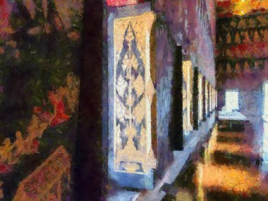 Binanın iç mimarisi antik Tayland mimarisi ve kapı deseni Illustrations bir izlenimci resim stili oluşturur.