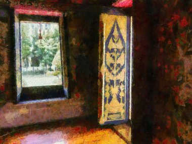 Binanın iç mimarisi antik Tayland mimarisi ve kapı deseni Illustrations bir izlenimci resim stili oluşturur.