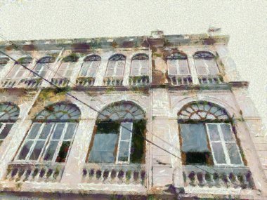 Eski bina tarzı antik Avrupa mimarisi Illustrasyonları empresyonist bir resim tarzı yaratıyor.