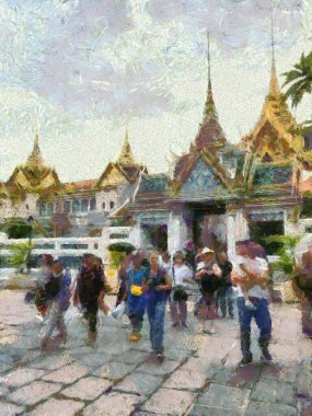 Bangkok Illustrations 'ın önündeki turist grupları empresyonist bir resim tarzı yaratıyor.