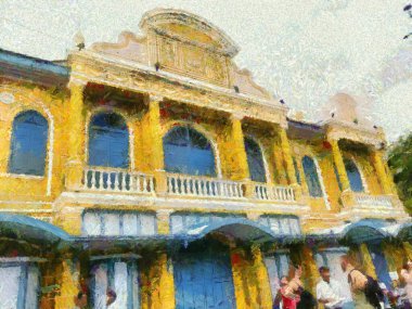 Bina, Kraliyet Sarayı önünde antik bir Avrupa mimari tarzıdır. Resimler, empresyonist bir resim tarzı yaratır..