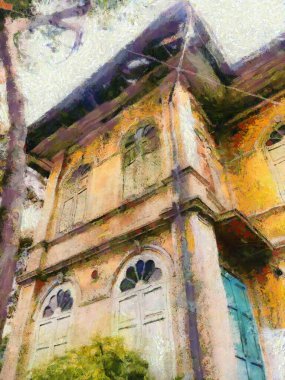 Koloni tarzı antik mimari illüstrasyonlar empresyonist bir resim tarzı yaratıyor..