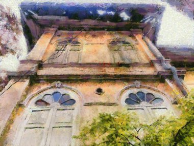 Koloni tarzı antik mimari illüstrasyonlar empresyonist bir resim tarzı yaratıyor..