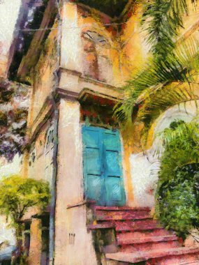 Koloni tarzı antik mimari illüstrasyonlar empresyonist bir resim tarzı yaratıyor..