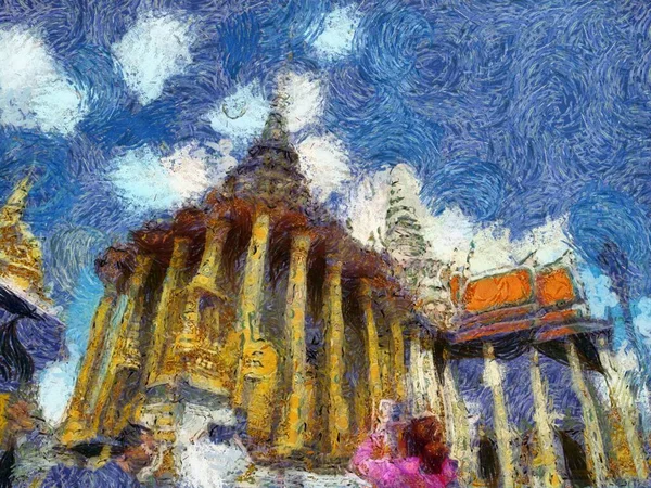 Kelompok Pelancong Yang Bepergian Grand Palace Bangkok Illustrations Menciptakan Gaya — Stok Foto
