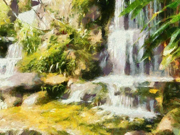 Waterfall Illustrations Tworzy Impresjonistyczny Styl Malarstwa — Zdjęcie stockowe