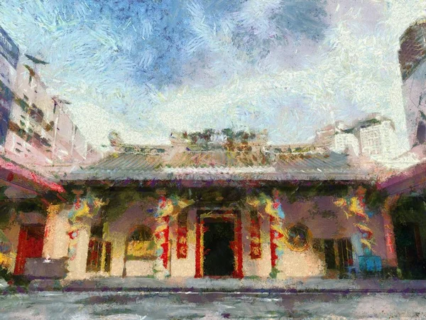 Anciens Sanctuaires Chinois Colorés Dans Ville Illustrations Crée Style Impressionniste — Photo