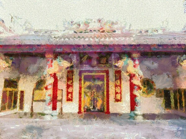 Colorful ancient Chinese shrines in the city Illustrations creates an impressionist style of painting.