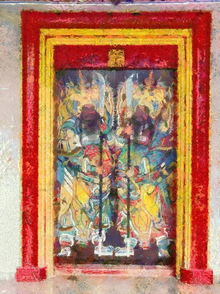 Colorful ancient Chinese shrines in the city Illustrations creates an impressionist style of painting.
