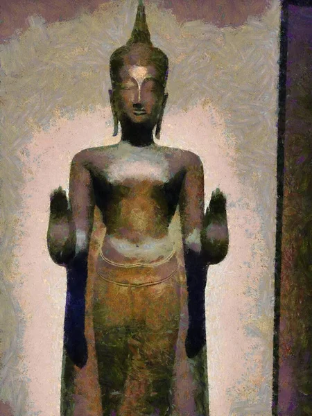 Статуя Будды Бронзы Аюттхая Иллюстрации Создает Импрессионистский Стиль Живописи — стоковое фото