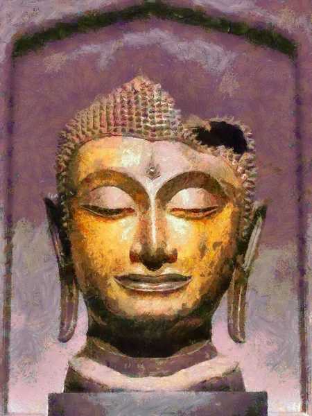 青铜的大佛头像阿尤塔雅艺术图解创造了一种印象派风格的绘画 — 图库照片
