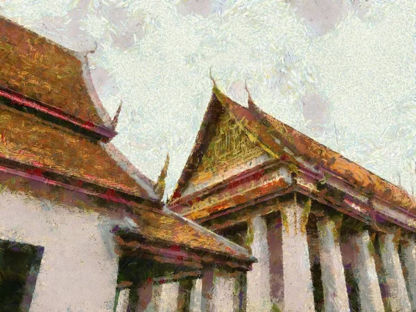 Ancient Thai Architecture Illustrations Creates Impressionist Style Painting — Stock Photo, Image