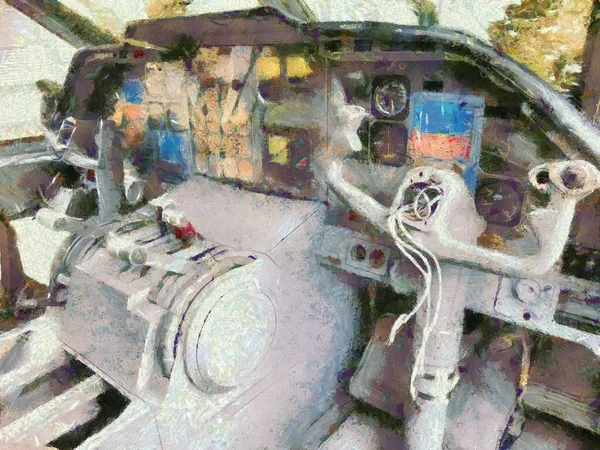 Uvnitř Kokpitu Opuštěného Letadla Ilustrace Vytváří Impresionistický Styl Malby — Stock fotografie