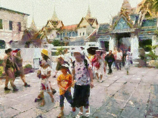 Tourist groups in front of the Grand Palace Bangkok Illustrations creates an impressionist style of painting.