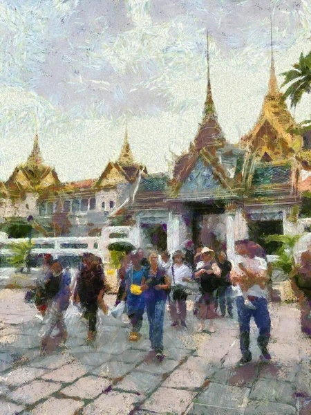 Turista Csoportok Előtt Grand Palace Bangkok Illusztrációk Létrehoz Egy Impresszionista — Stock Fotó