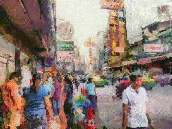 Chinatown Bangkok Illustrations Crea Estilo Impresionista Pintura —  Fotos de Stock